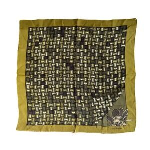 Halston Vintage Square Scarf Olive Green Geometric Basketweave Floral Print
